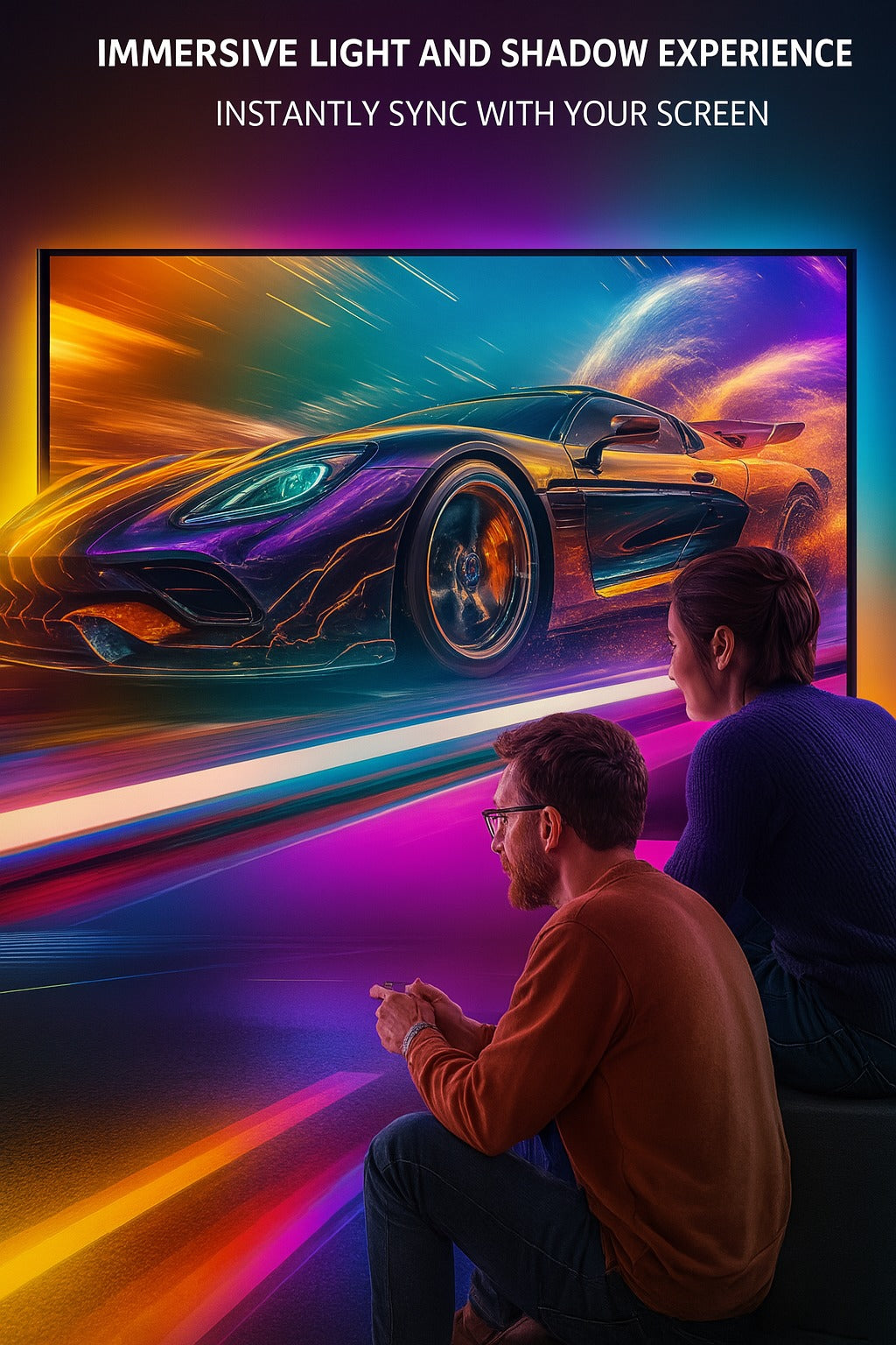 Two people watching a futuristic car on a large screen with colorful lighting effects.
