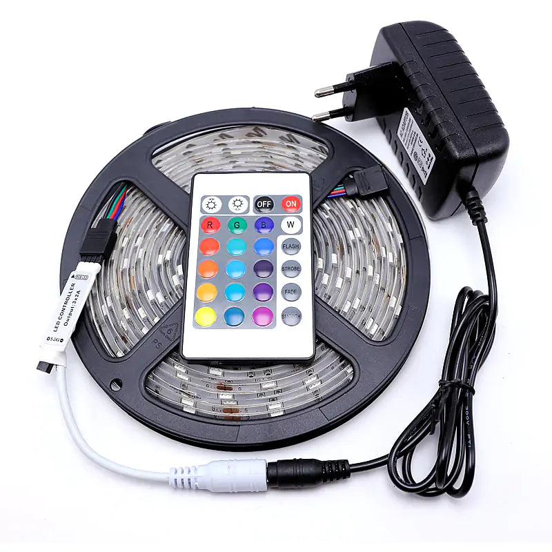 A reel of flexible LED strip light with a remote control and power supply.