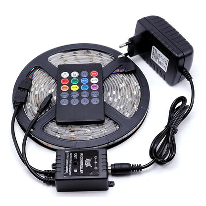 A reel of flexible LED strip light with a remote control and power supply.