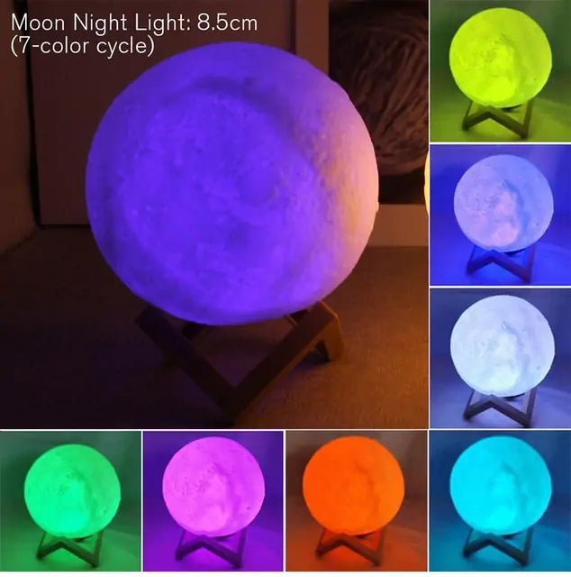 An LED battery moon lamp with a realistic lunar texture, placed on a wooden stand, emitting a soft white glow.