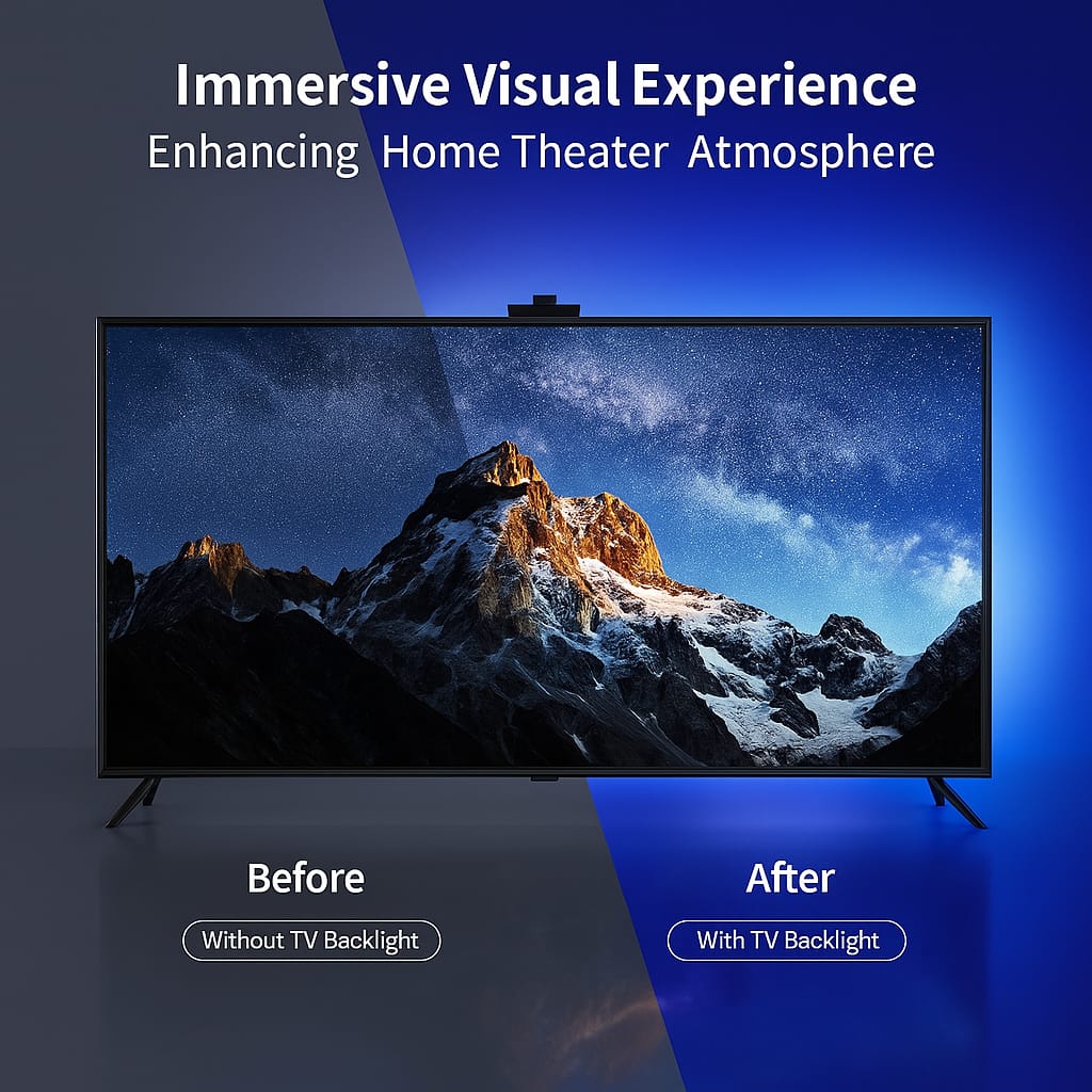 TV screen displaying a mountain scene with 'Before' and 'After' comparison text.