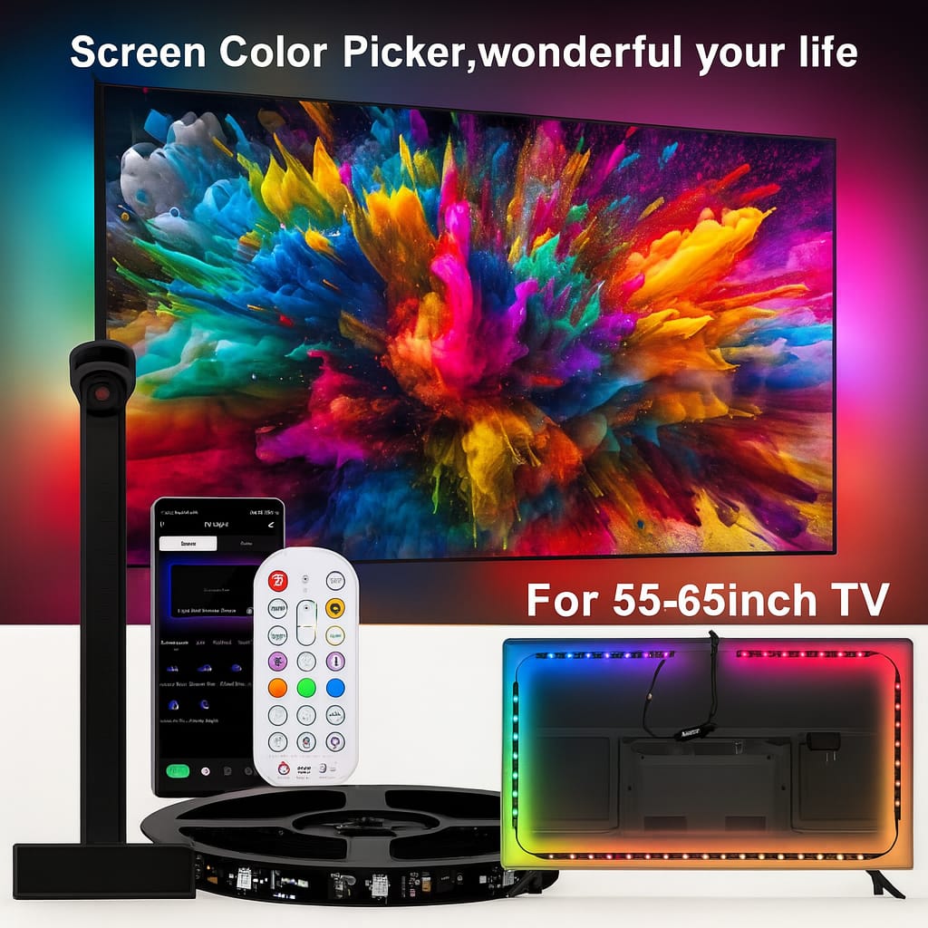 Screen color picker system with TV, remote control, and LED strip for 55-65 inch TVs.