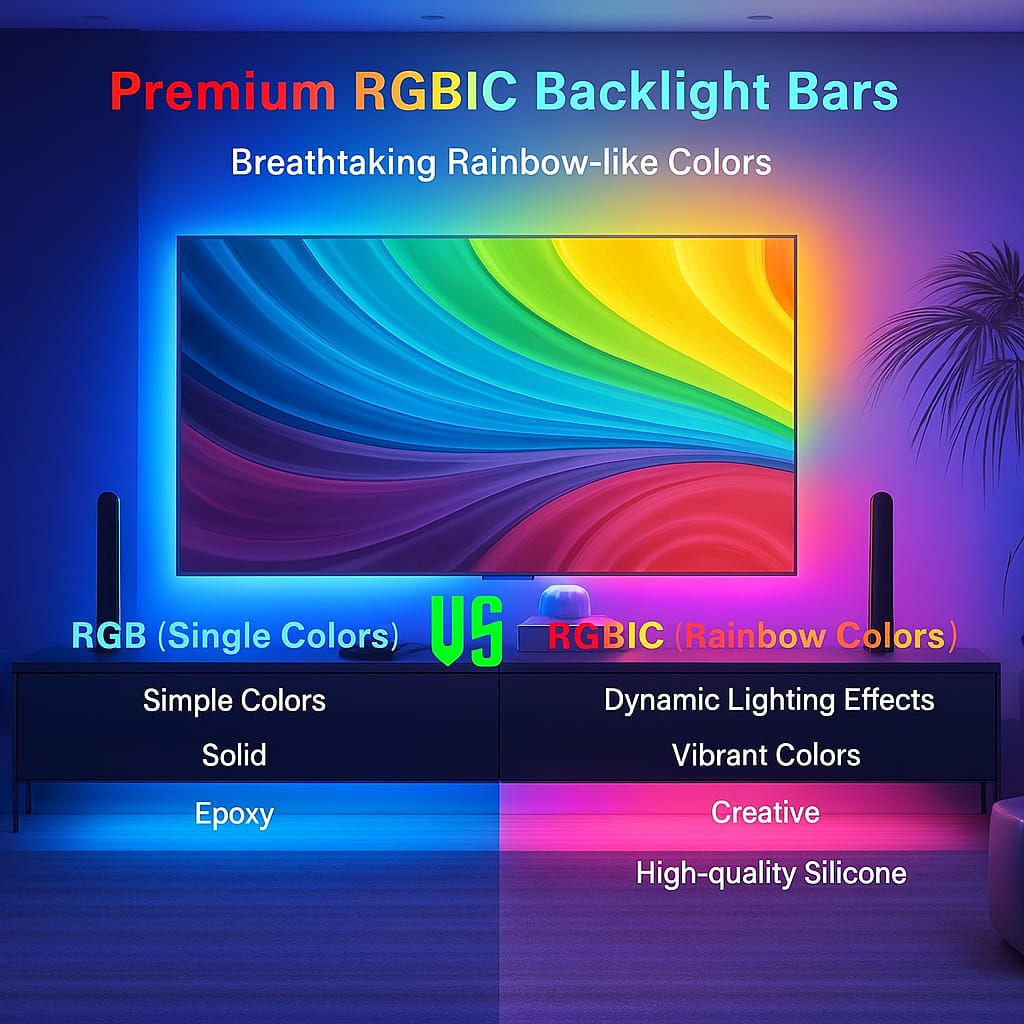 TV screen with RGBIC backlight bars displaying vibrant rainbow colors in a room setting.