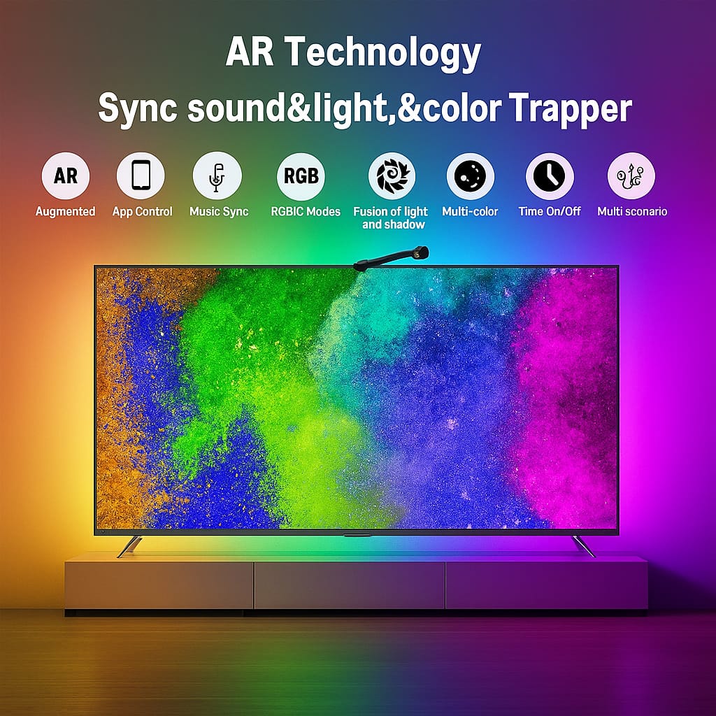 Smart TV with AR technology features displayed on a colorful gradient background