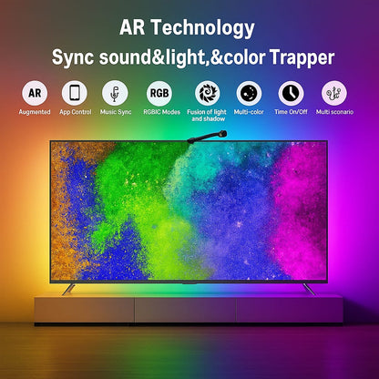 Smart TV with AR technology features displayed on a colorful gradient background