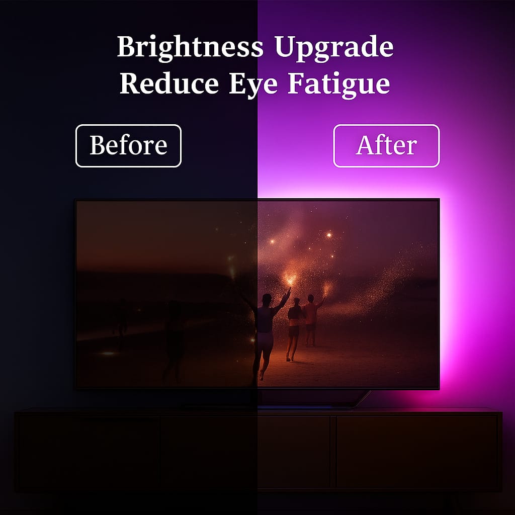 Comparison of a TV screen with 'Before' and 'After' brightness upgrades, showing reduced eye fatigue.