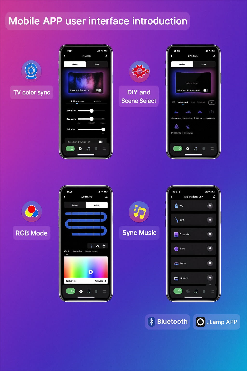 Mobile app user interface with smartphone screens displaying various functions on a gradient purple and blue background.