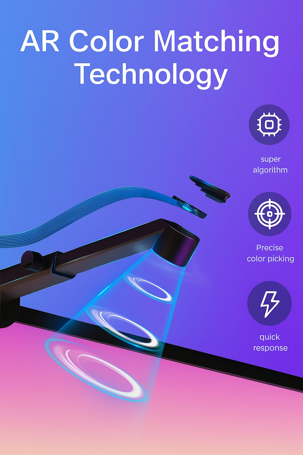 AR color matching technology with a device and screen on a gradient background