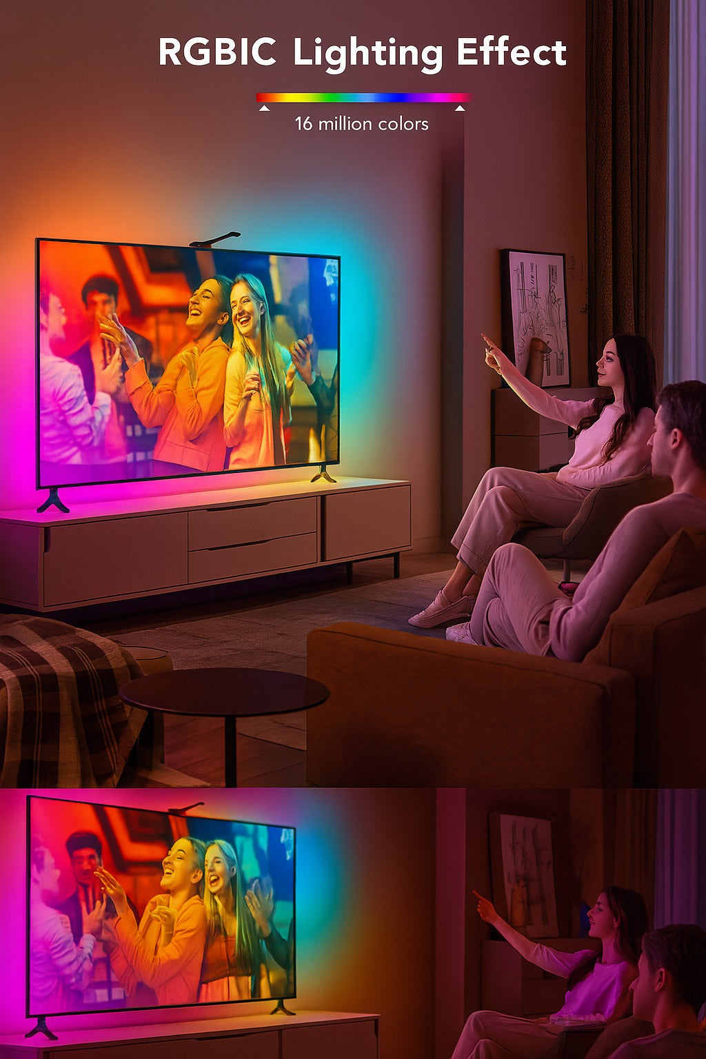 Living room with a TV displaying colorful RGBIC lighting effect, showing two people watching TV.