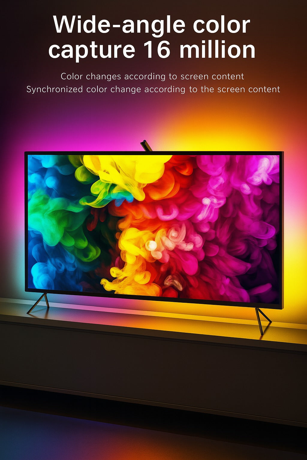 TV displaying colorful abstract design with text about wide-angle color capture and screen content synchronization.