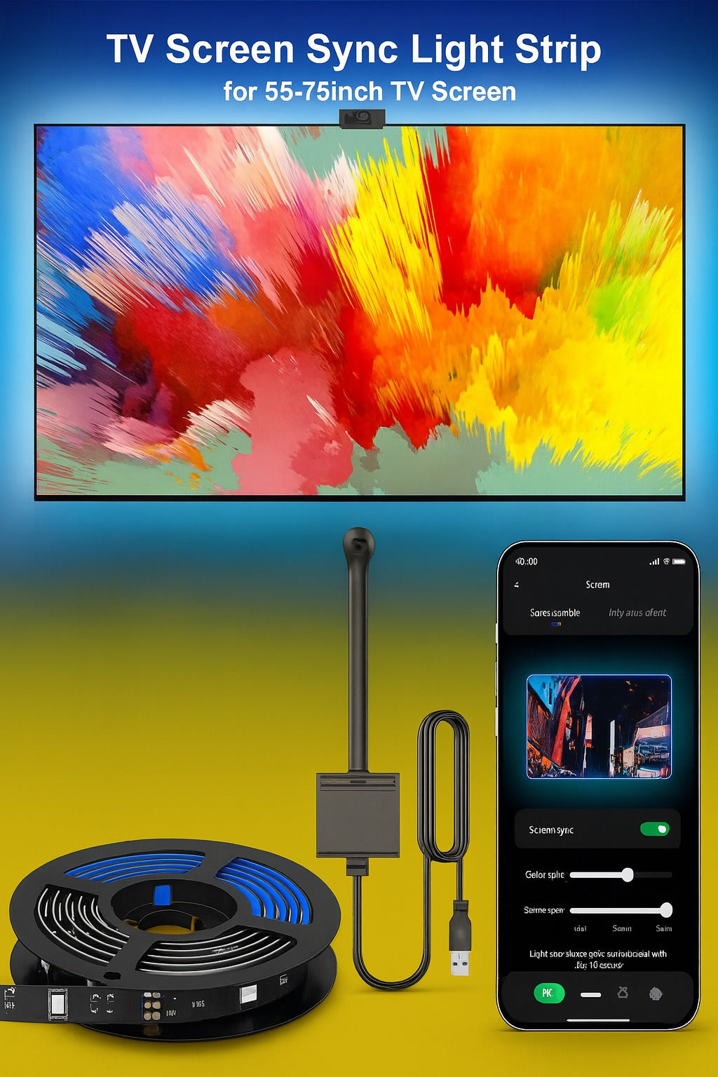 TV screen sync light strip with control app on a yellow background