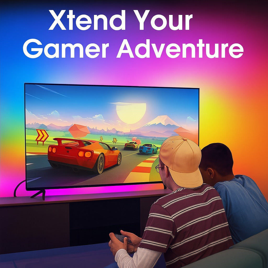 Two people playing a racing game on a large screen with colorful background text 'Xtend Your Gamer Adventure'.