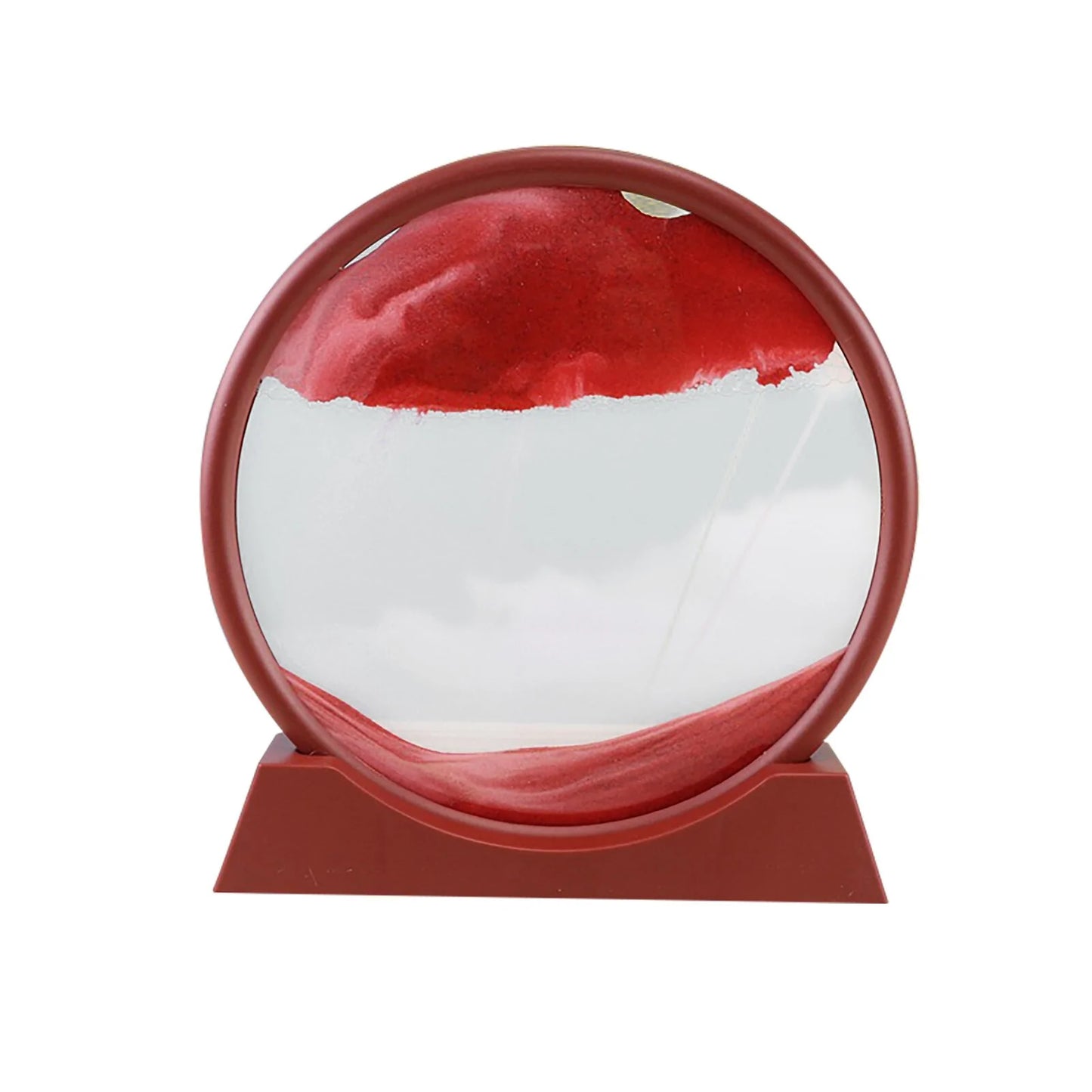 A round Flourishrealm Sand Art Hourglass with flowing blue sand, set in a black frame on a white background.